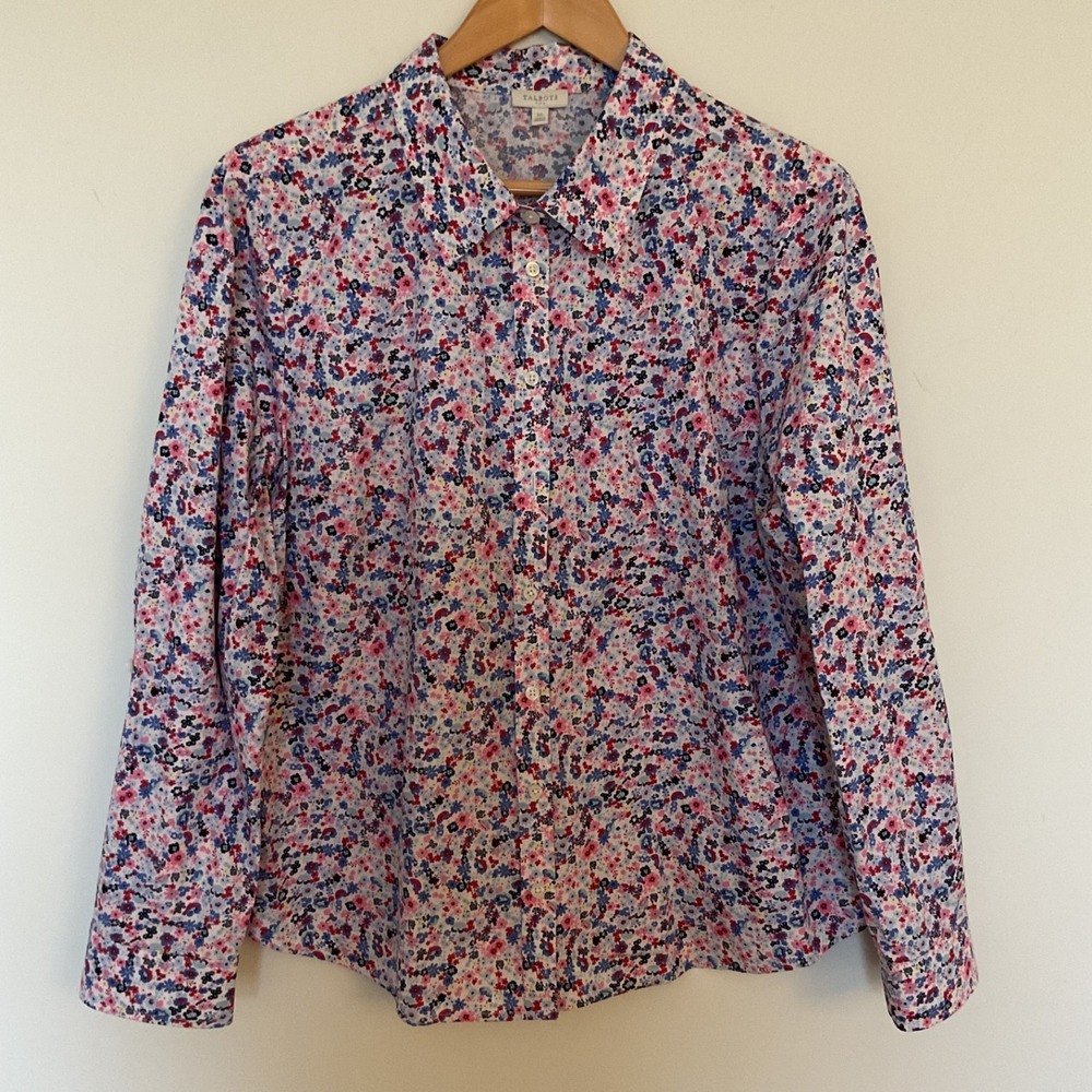 Talbots Button Down Shirt XL Ditsy Floral Blue Pink Red White Artsy Cottagecore